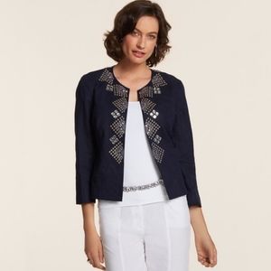 Chicos Navy Linen Studded Sparkle Jacket Size 1